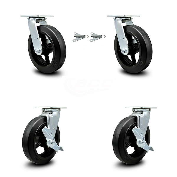 8 Inch Rubber on Steel Caster Set with Roller Bearings 2 Swivel Lock 2 Brake SCC